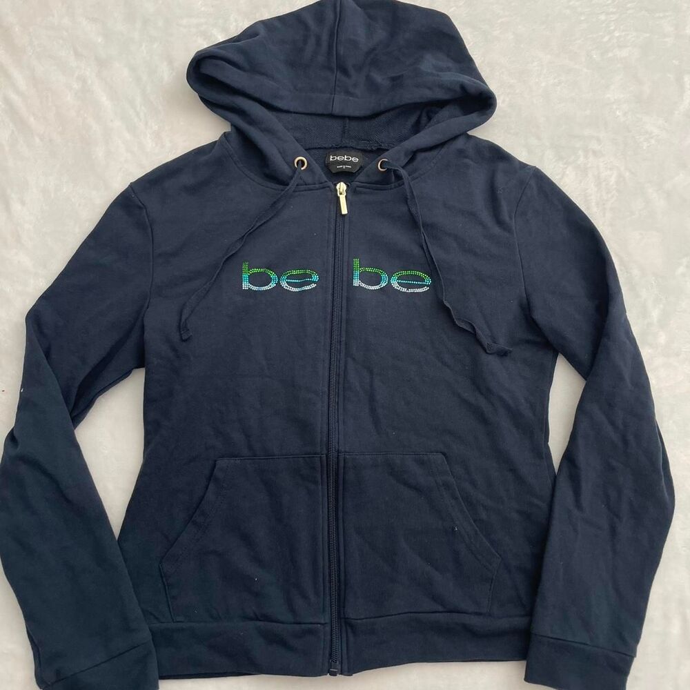 Bebe Y2K Rhinestome Zip Up Jacket Women's M Hoodie 2000s Vintage Mcbling Navy